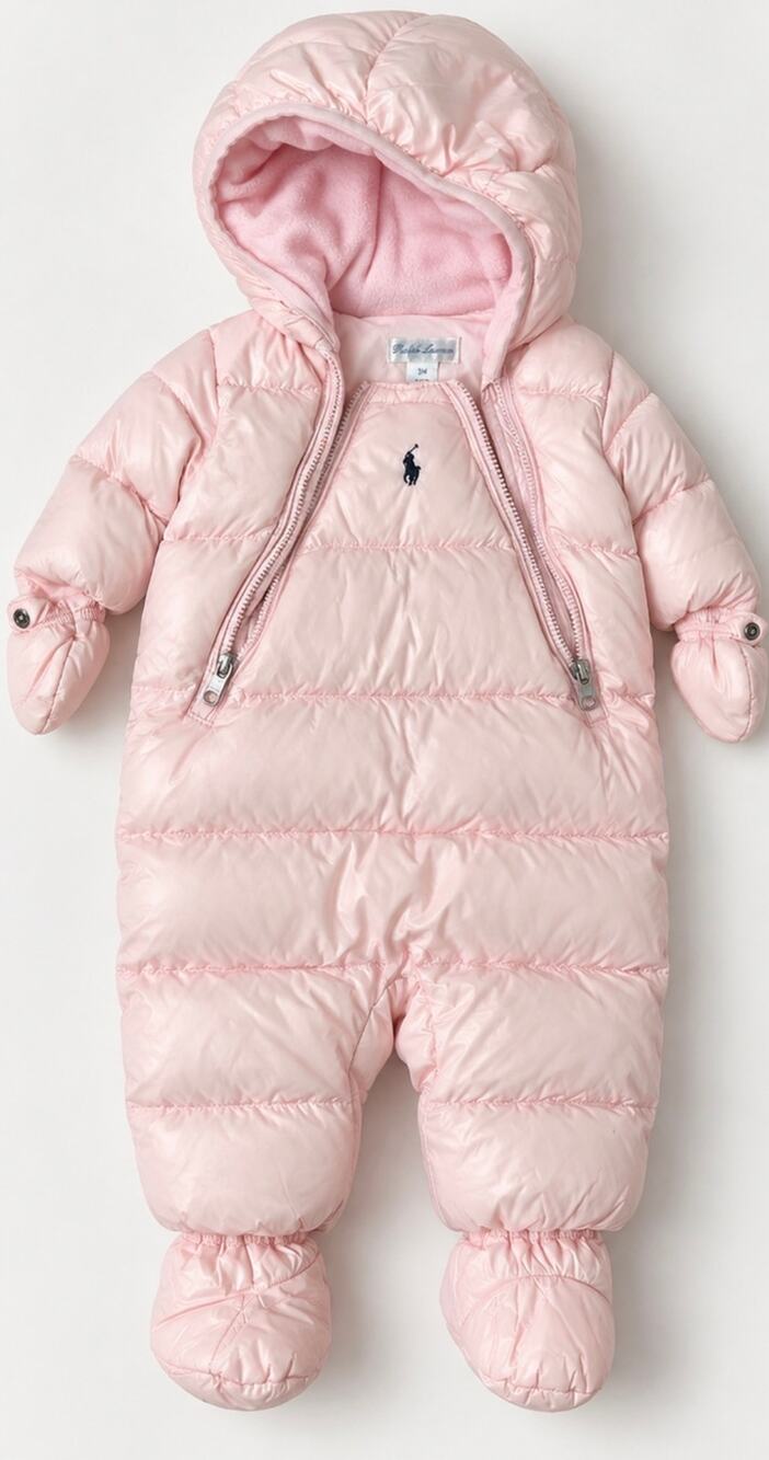 Ralph Lauren Baby Girls Pink Puffer Snowsuit 3M Hooded Footed Bunting